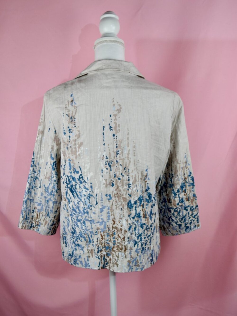 Coldwater Creek Tan & Blue Abstract Watercolor Linen Jacket | Size M - Picture 4 of 7